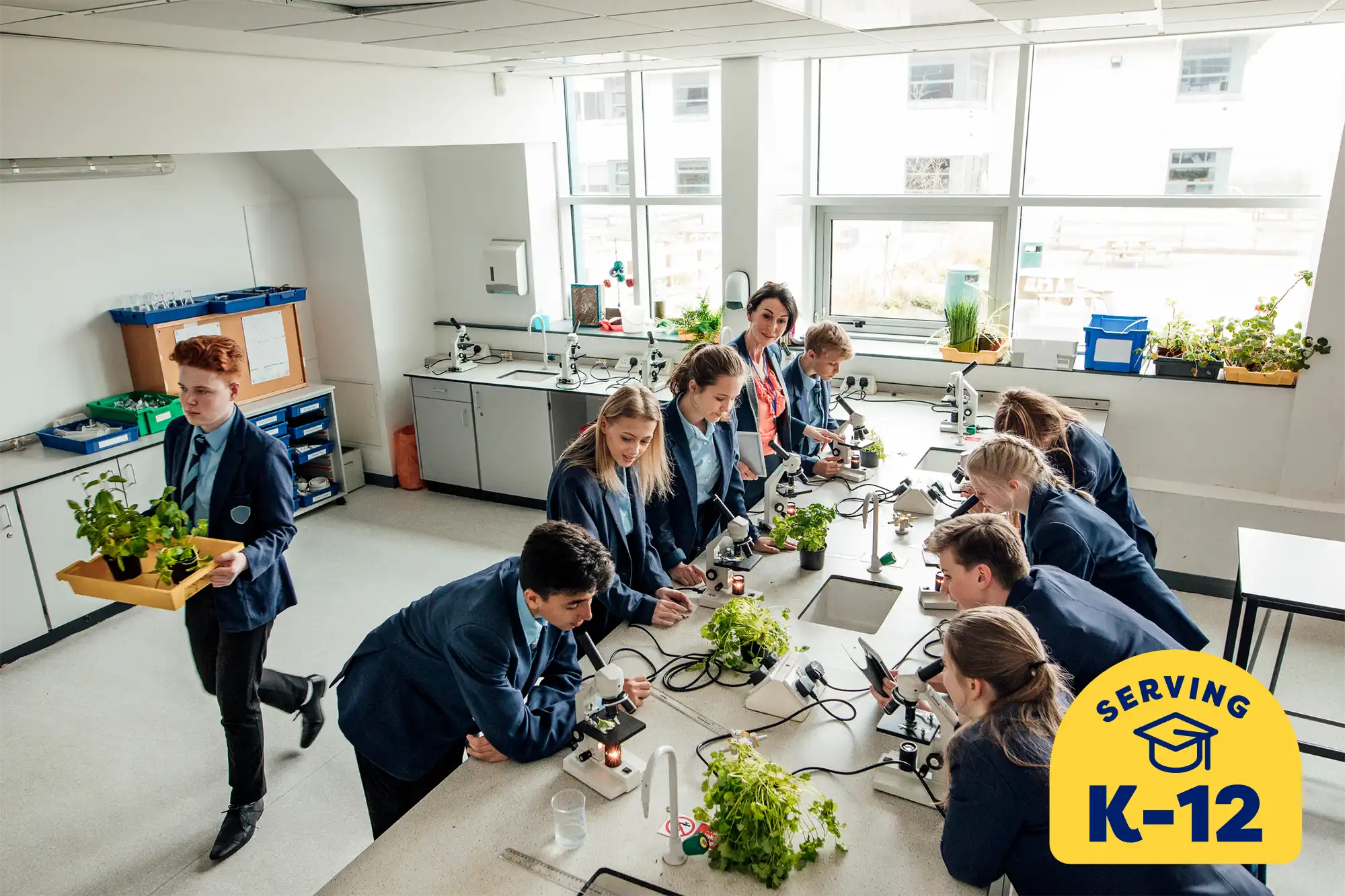 group of high school students at a table working on life science projects using microscopes and plants