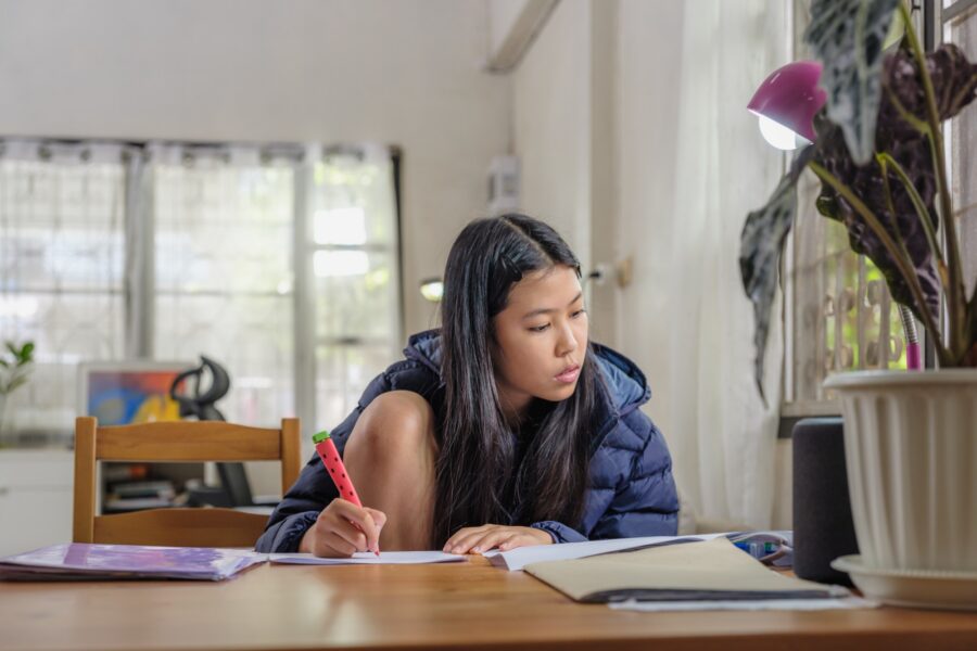 A young woman with long dark hair sits at a table, writing in a notebook with a pink highlighter. She is wearing a dark jacket and is surrounded by books, a potted plant, and a lamp in a well-lit room.